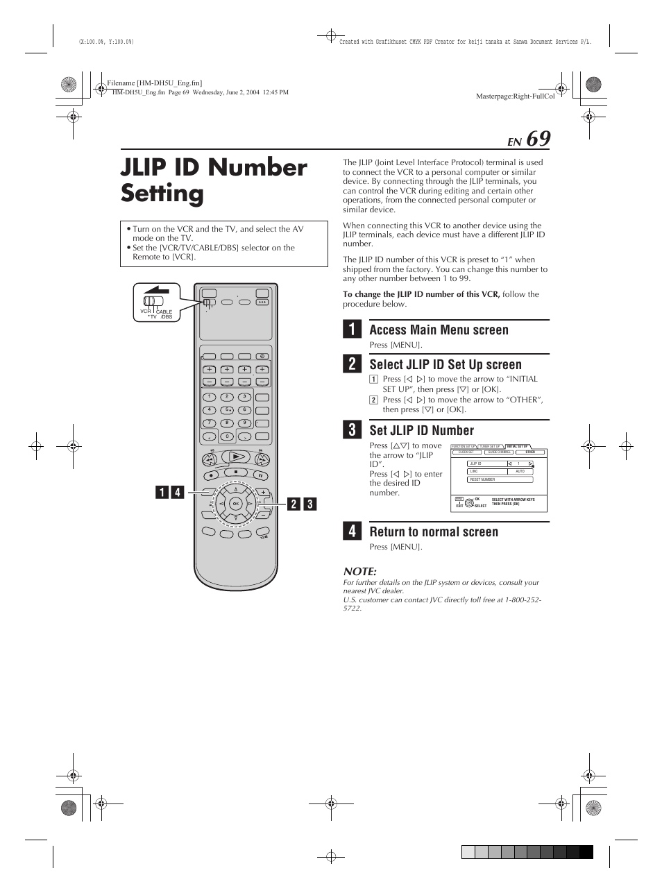 Jlip id number setting, Access main menu screen, Select jlip id set up screen | Set jlip id number, Return to normal screen, B c a | JVC HM-DH5U User Manual | Page 69 / 92