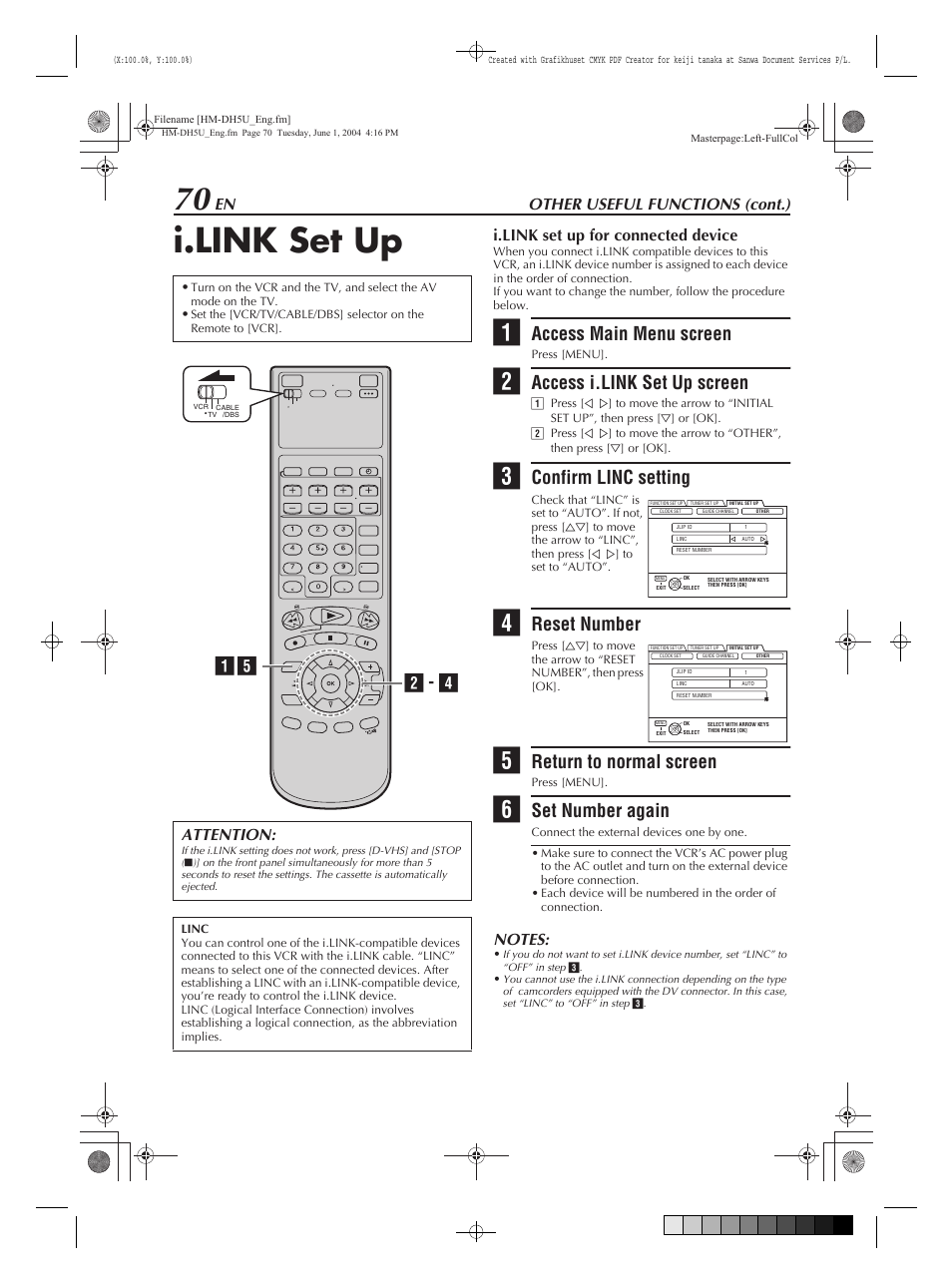 I.link set up, Access main menu screen, Access i.link set up screen | Confirm linc setting, Reset number, Return to normal screen, Set number again, B - d a, Other useful functions (cont.), I.link set up for connected device | JVC HM-DH5U User Manual | Page 70 / 92