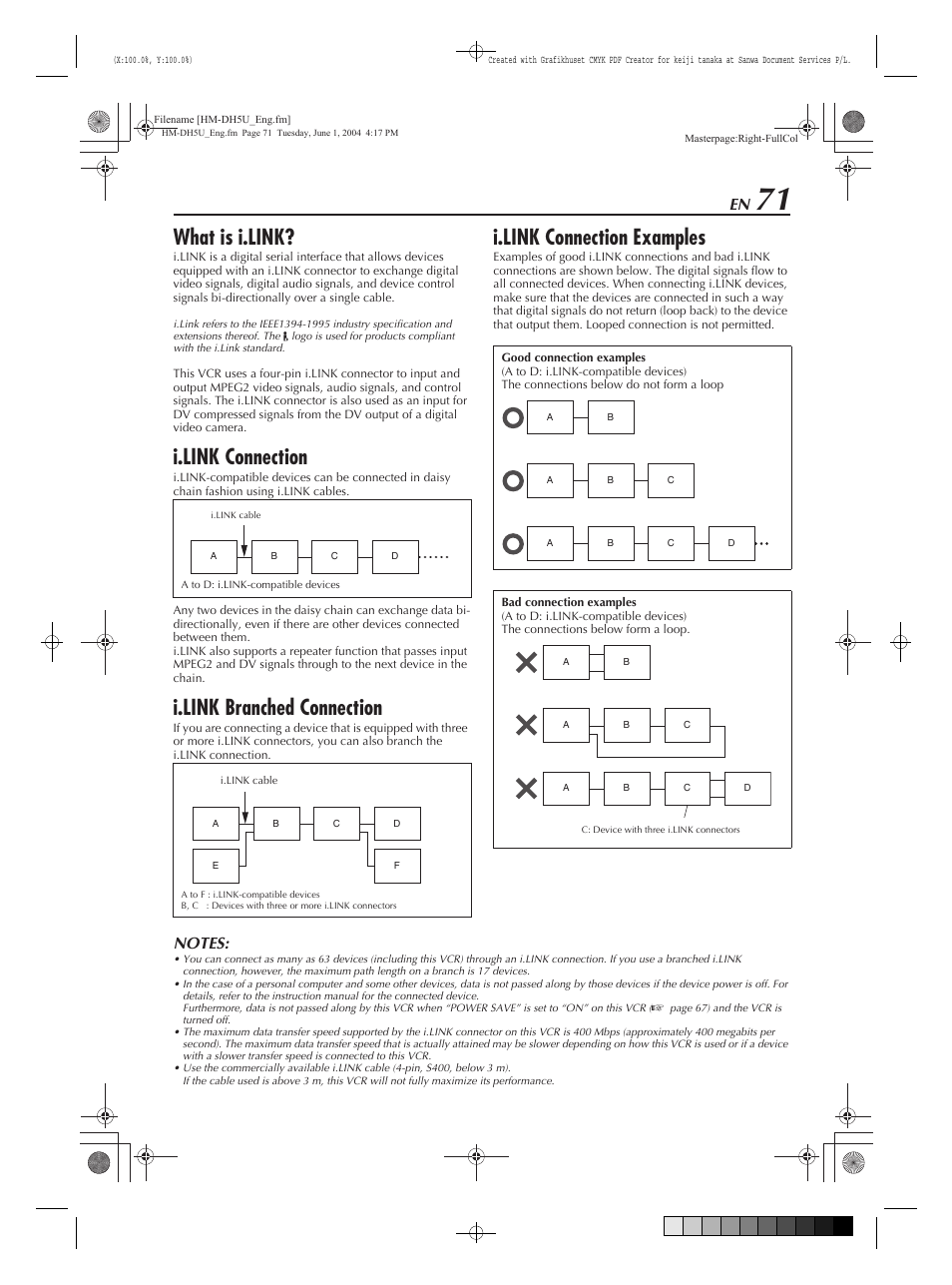 What is i.link, I.link connection, I.link branched connection | I.link connection examples | JVC HM-DH5U User Manual | Page 71 / 92