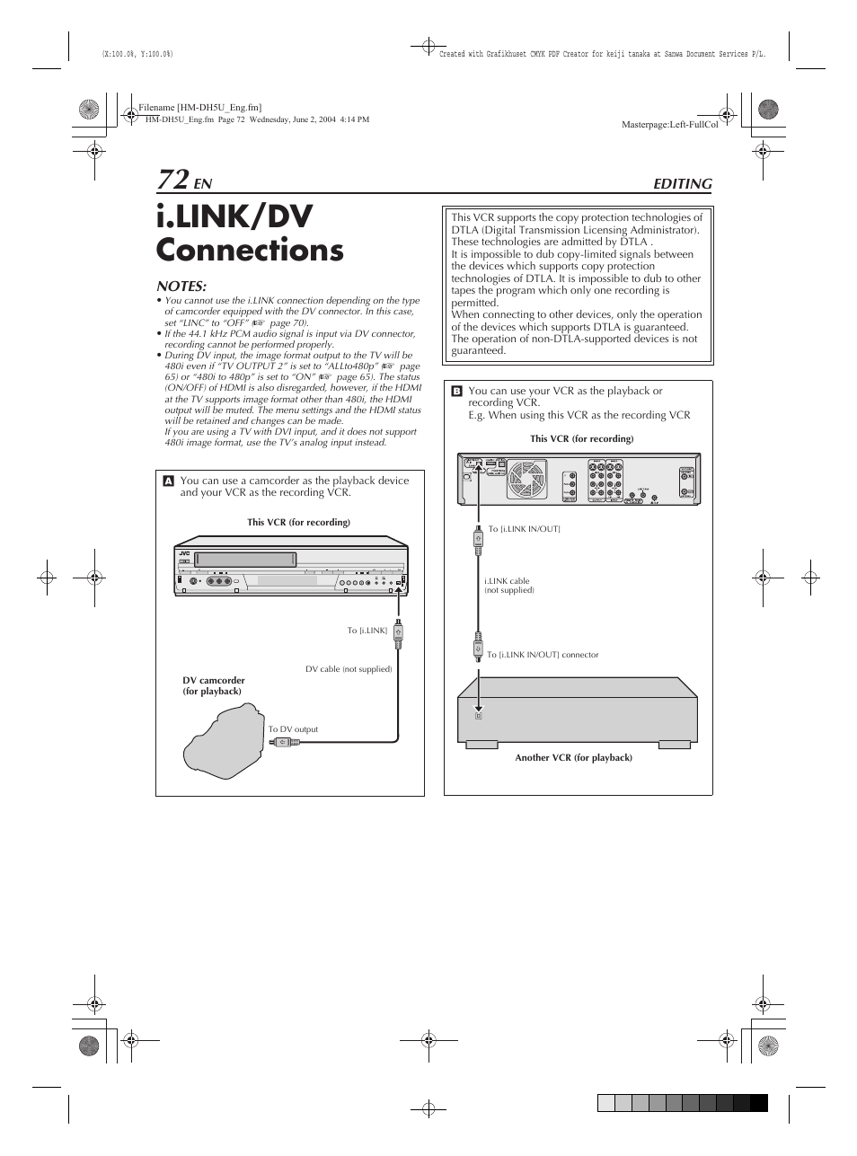 Editing, I.link/dv connections | JVC HM-DH5U User Manual | Page 72 / 92