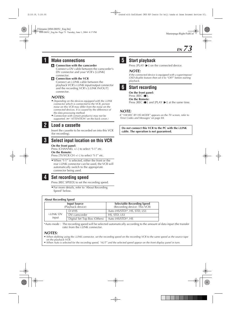 Make connections, Load a cassette, Select input location on this vcr | Set recording speed, Start playback, Start recording | JVC HM-DH5U User Manual | Page 73 / 92