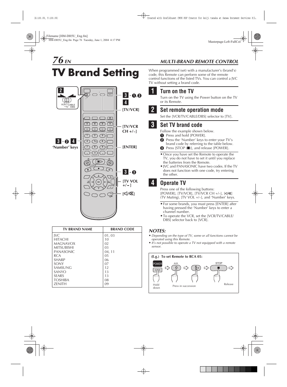 Multi-brand remote control, Tv brand setting, Turn on the tv | Set remote operation mode, Set tv brand code, Operate tv | JVC HM-DH5U User Manual | Page 76 / 92