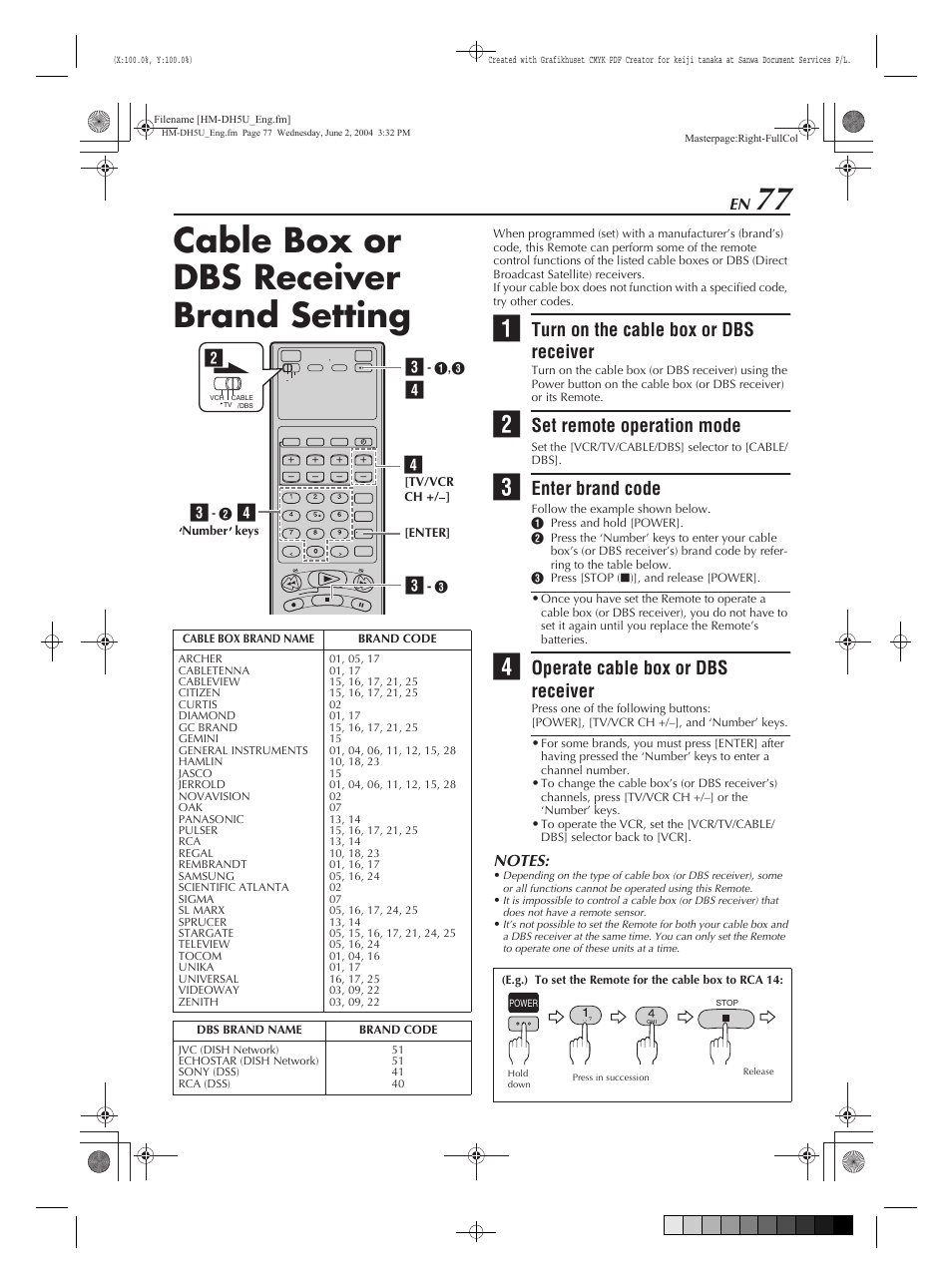 Cable box or dbs receiver brand setting, Turn on the cable box or dbs receiver, Set remote operation mode | Enter brand code, Operate cable box or dbs receiver | JVC HM-DH5U User Manual | Page 77 / 92