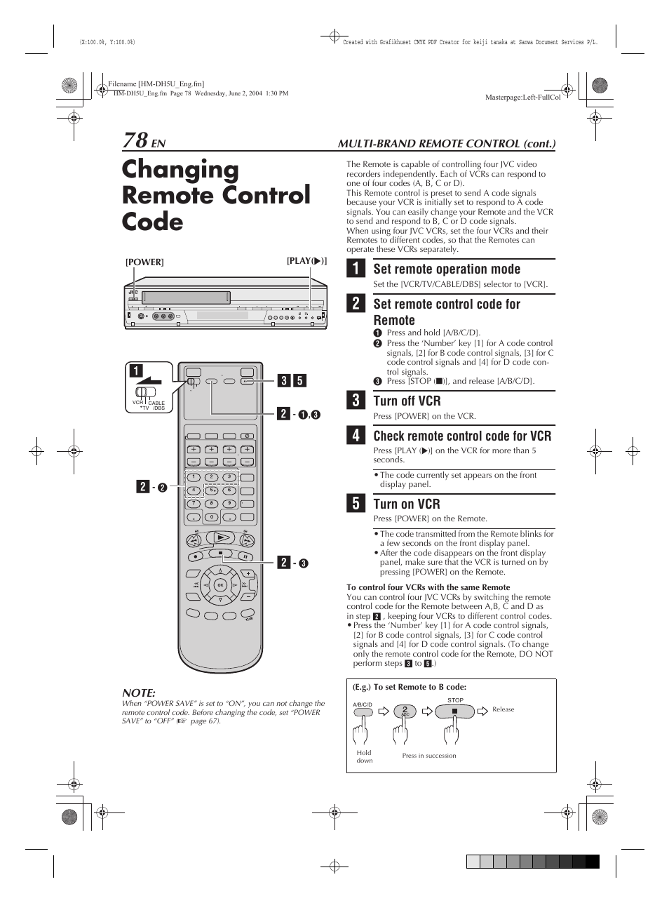 Changing remote control code, Set remote operation mode, Set remote control code for remote | Turn off vcr, Check remote control code for vcr, Turn on vcr | JVC HM-DH5U User Manual | Page 78 / 92