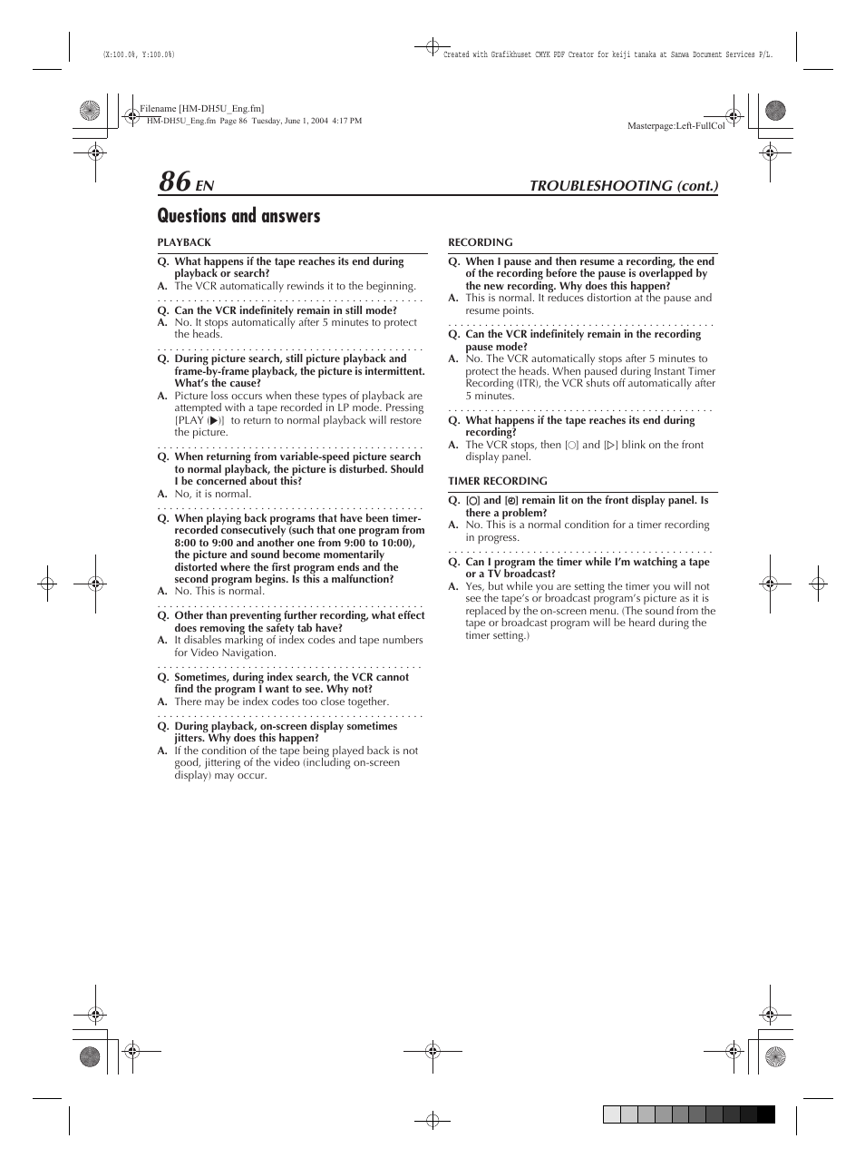 Questions and answers, Troubleshooting (cont.) | JVC HM-DH5U User Manual | Page 86 / 92