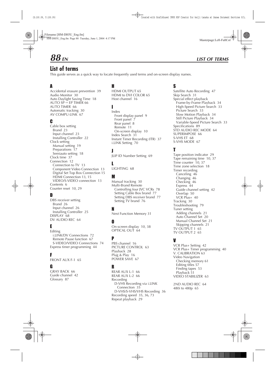 List of terms | JVC HM-DH5U User Manual | Page 88 / 92