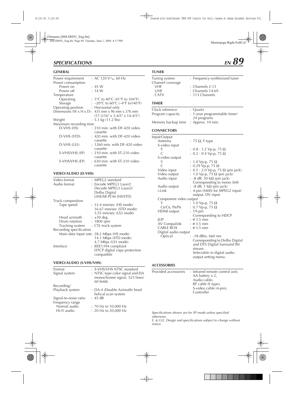 Specifications | JVC HM-DH5U User Manual | Page 89 / 92
