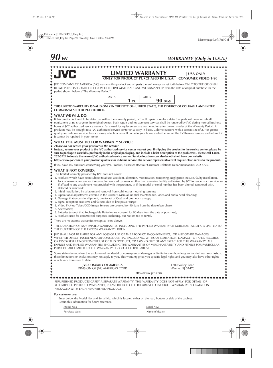Warranty (only in u.s.a.), Limited warranty | JVC HM-DH5U User Manual | Page 90 / 92