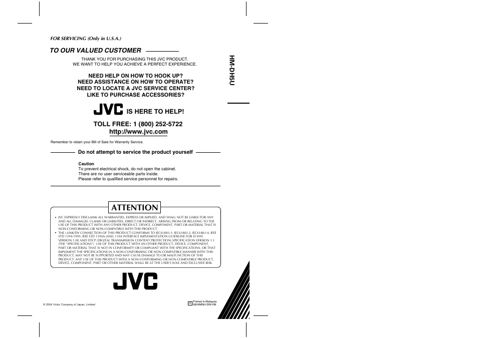 For servicing (only in u.s.a.), Attention, Hm-dh5u | Is here to help | JVC HM-DH5U User Manual | Page 92 / 92