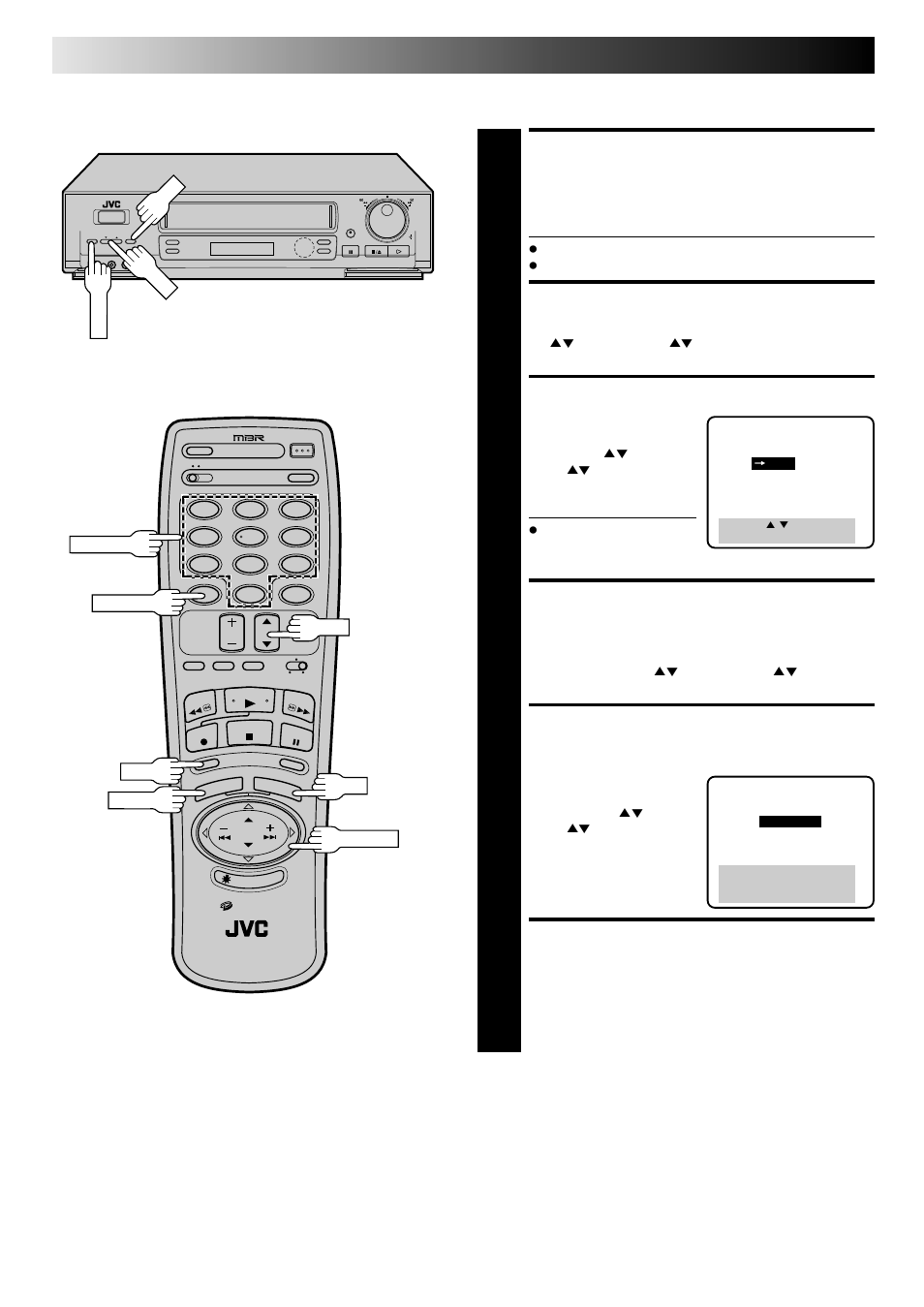 Access tuner set screen, Access afc screen, Make selection | Access manual channel set screen, Store or skip desired channel, Return to normal screen, Initial settings (cont.), Add or delete a channel | JVC HR-DD840U User Manual | Page 14 / 72