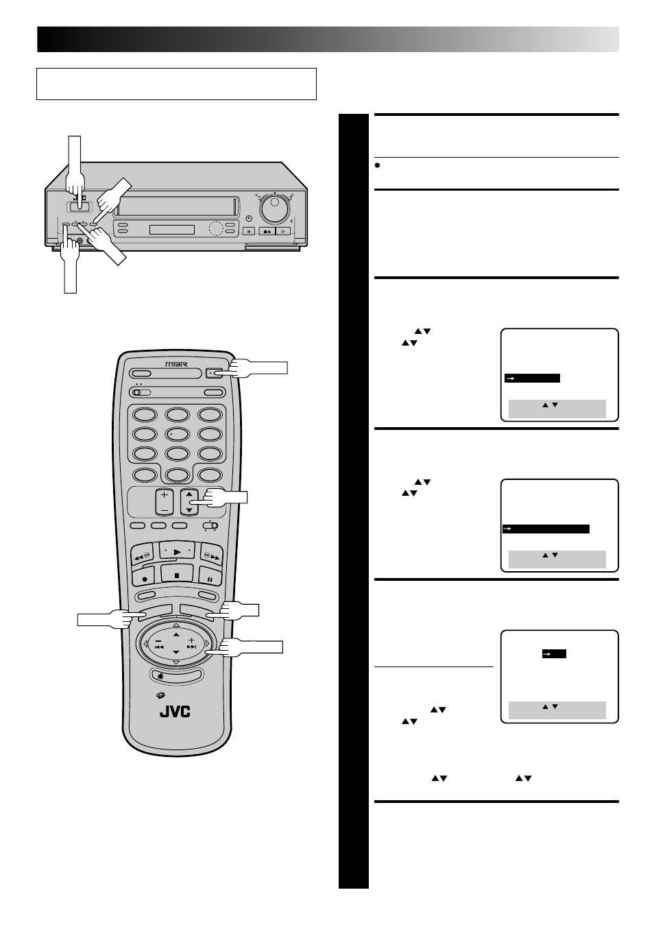 Turn on the vcr, Access main menu screen, Access custom set screen | Access dbs receiver output screen, Select dbs receiver output channel, Return to custom set screen, Set dbs receiver output channel | JVC HR-DD840U User Manual | Page 21 / 72