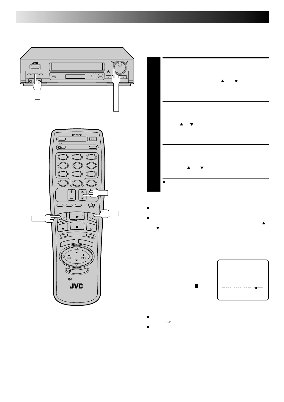 Engage manual tracking mode, Adjust manual tracking, Re-engage automatic tracking | Playback and recording features (cont.), Manual tracking, Tape position indicator | JVC HR-DD840U User Manual | Page 26 / 72