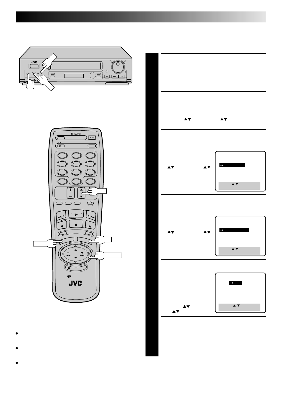 Access main menu screen, Access function set screen, Access audio select screen | Access audio monitor screen, Select mode, Return to normal screen, Select the soundtrack | JVC HR-DD840U User Manual | Page 29 / 72