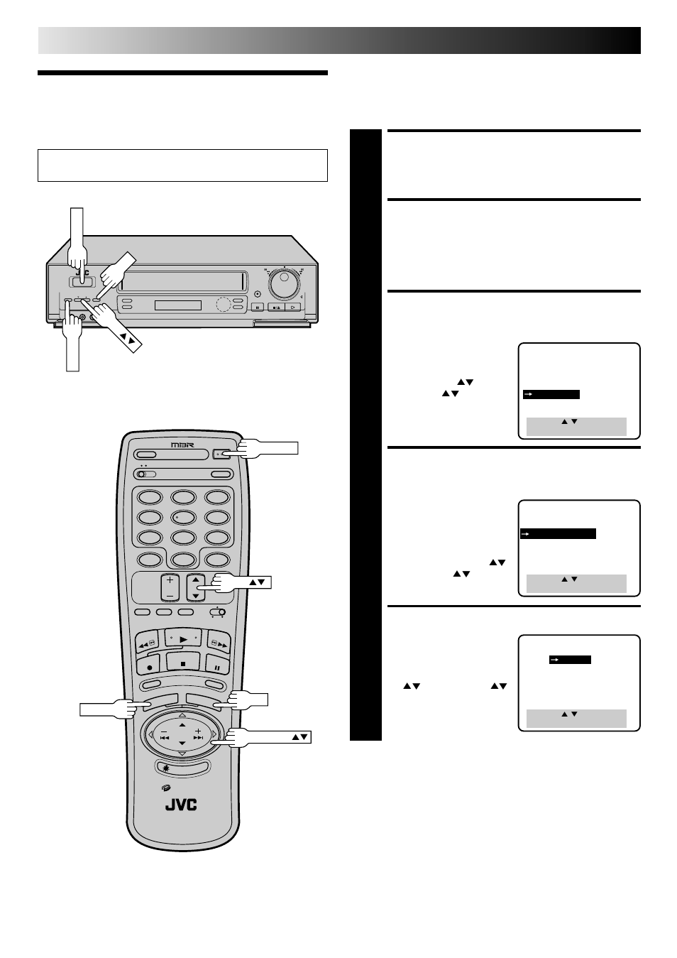 Language, Turn on the vcr, Access on-screen menu | Access custom set screen, Access language select screen, Select language, Initial settings (cont.) | JVC HR-DD840U User Manual | Page 8 / 72