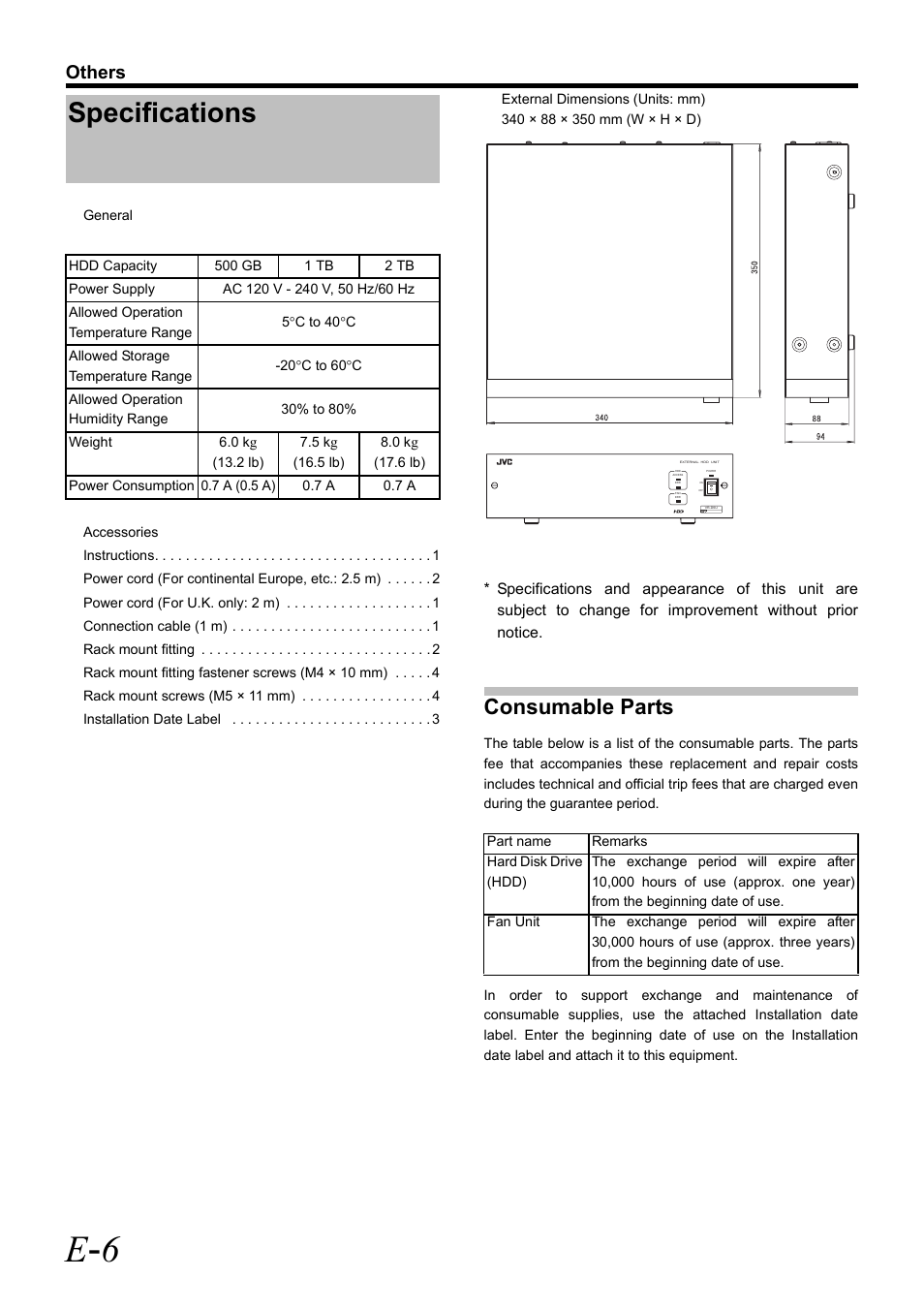 Specifications, E - 6, Consumable parts | Others | JVC VR-D0U User Manual | Page 10 / 36