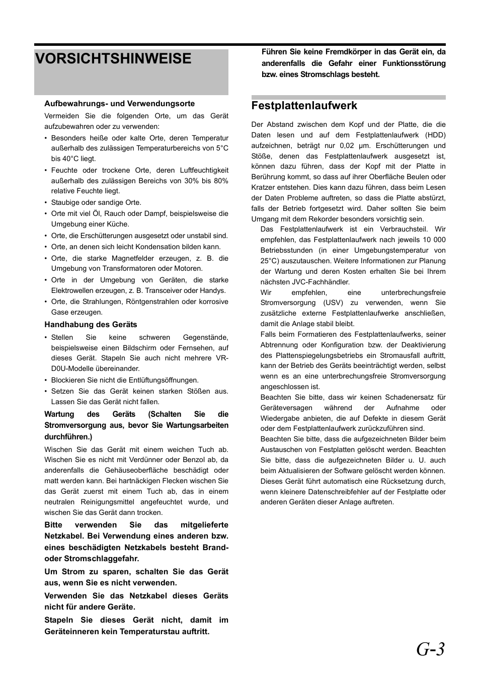 Vorsichtshinweise, G - 3, Festplattenlaufwerk | JVC VR-D0U User Manual | Page 13 / 36