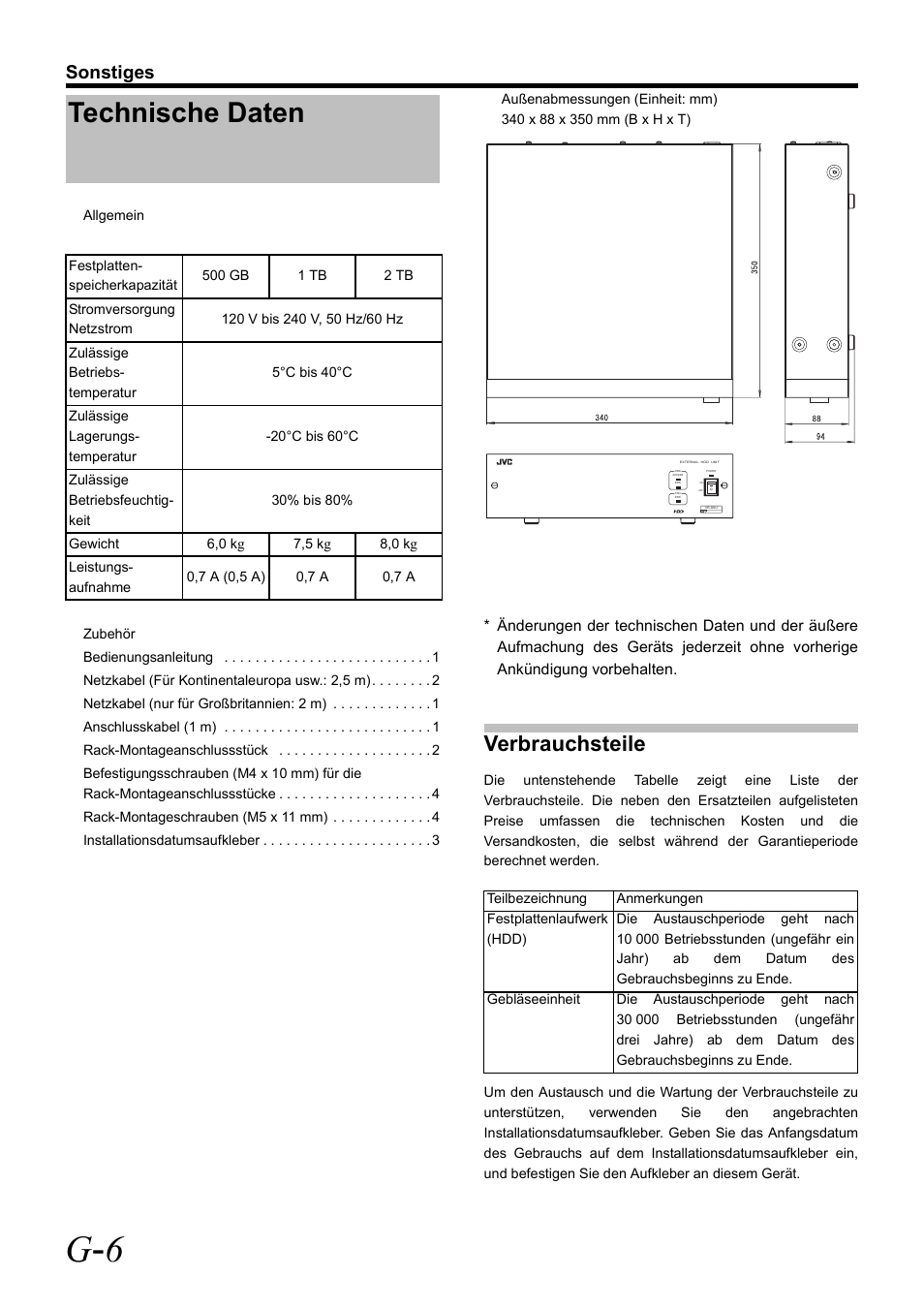 Technische daten, G - 6, Verbrauchsteile | Sonstiges | JVC VR-D0U User Manual | Page 16 / 36