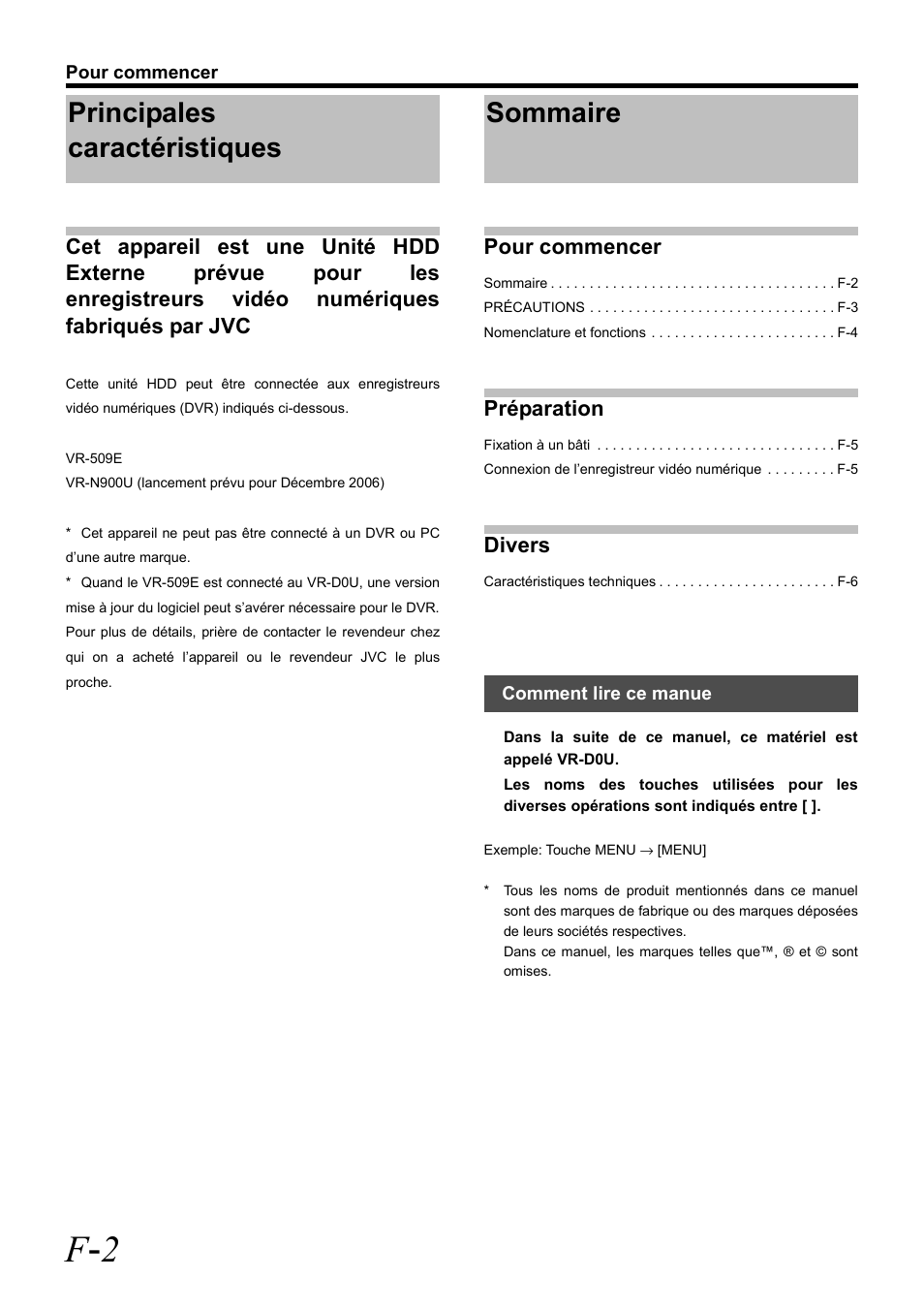 Principales caractéristiques, Sommaire, F - 2 | Pour commencer, Préparation, Divers | JVC VR-D0U User Manual | Page 18 / 36