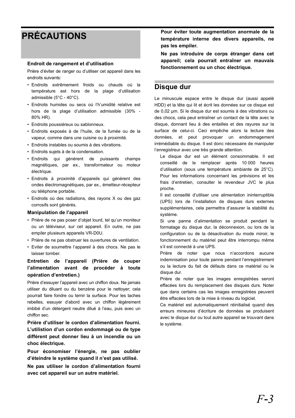 Précautions, F - 3, Disque dur | JVC VR-D0U User Manual | Page 19 / 36