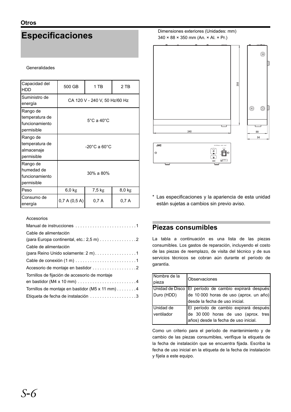 Especificaciones, S - 6, Piezas consumibles | Otros | JVC VR-D0U User Manual | Page 28 / 36