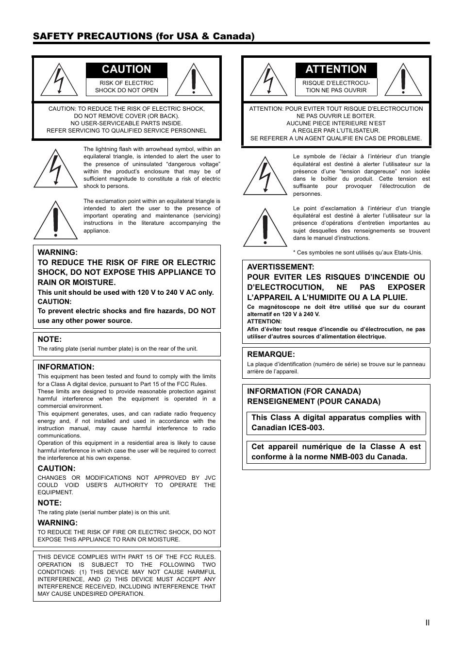 Safety precautions (for usa & canada), Caution, Attention | JVC VR-D0U User Manual | Page 3 / 36