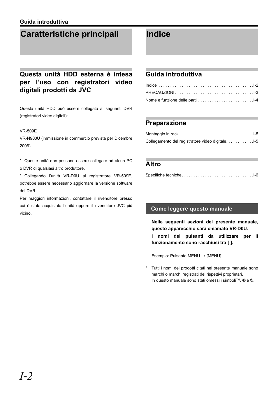 Caratteristiche principali, Indice, I - 2 | Guida introduttiva, Preparazione, Altro | JVC VR-D0U User Manual | Page 30 / 36