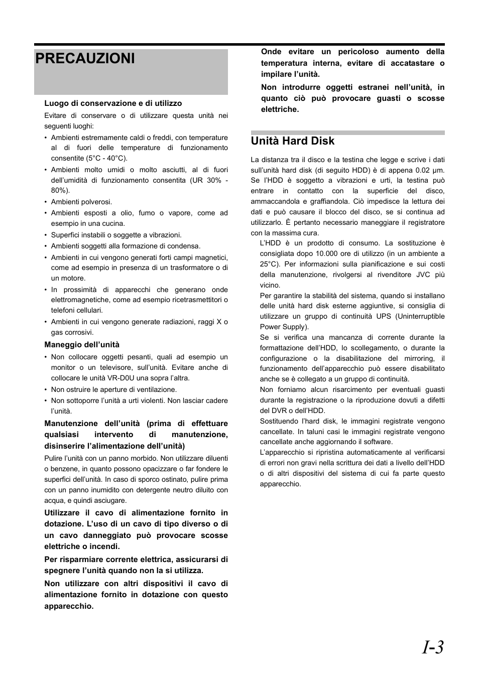 Precauzioni, I - 3, Unità hard disk | JVC VR-D0U User Manual | Page 31 / 36