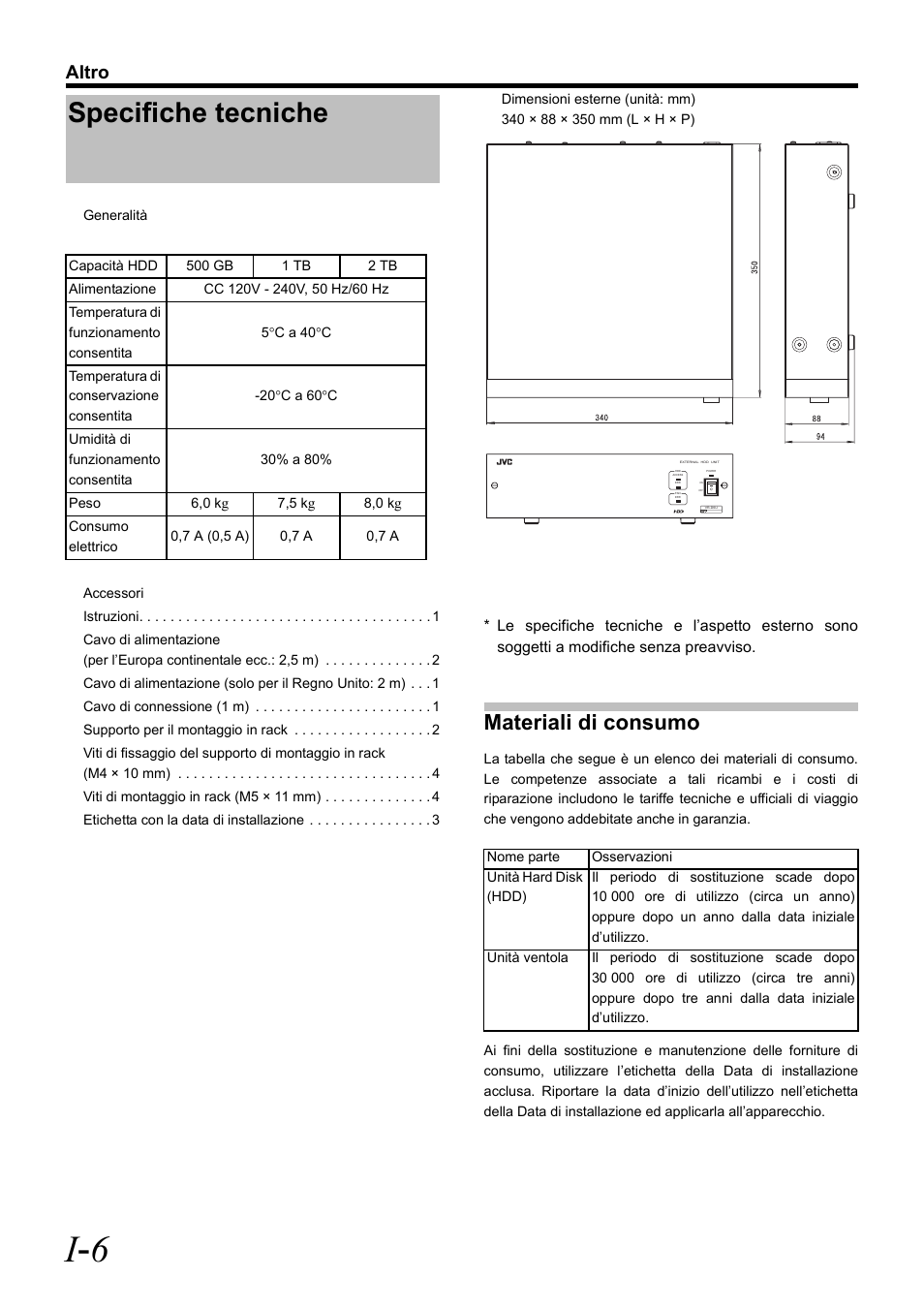Specifiche tecniche, I - 6, Materiali di consumo | Altro | JVC VR-D0U User Manual | Page 34 / 36