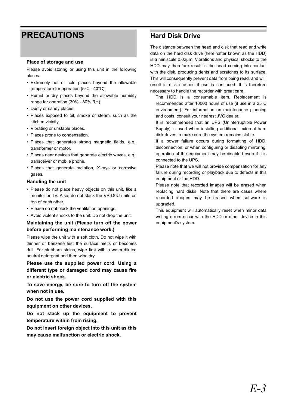 Precautions, E - 3, Hard disk drive | JVC VR-D0U User Manual | Page 7 / 36