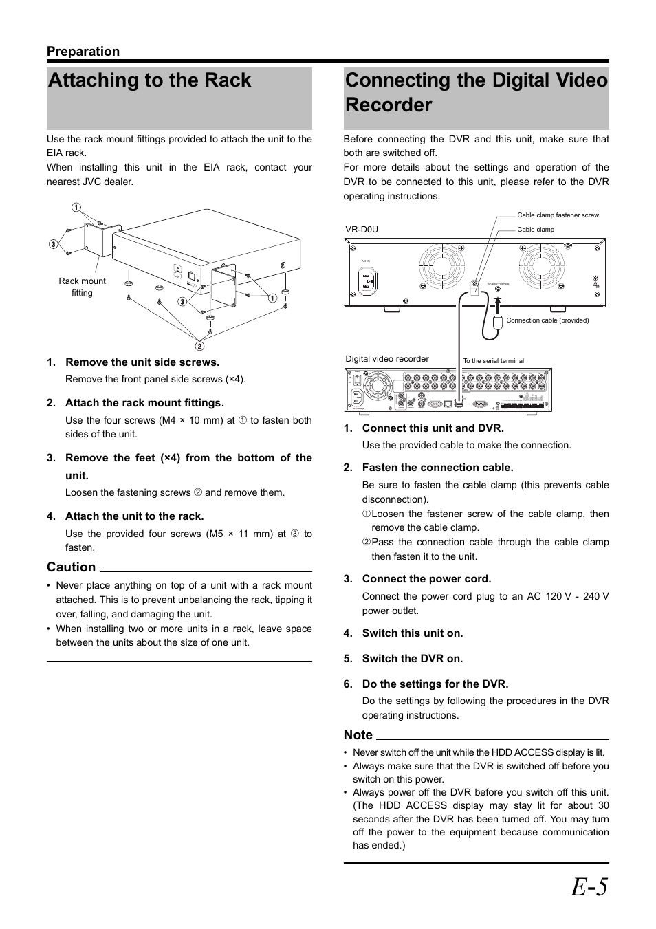 Attaching to the rack, Connecting the digital video recorder, E - 5 | Preparation, Caution, Remove the unit side screws, Attach the rack mount fittings, Remove the feet (×4) from the bottom of the unit, Attach the unit to the rack, Connect this unit and dvr | JVC VR-D0U User Manual | Page 9 / 36