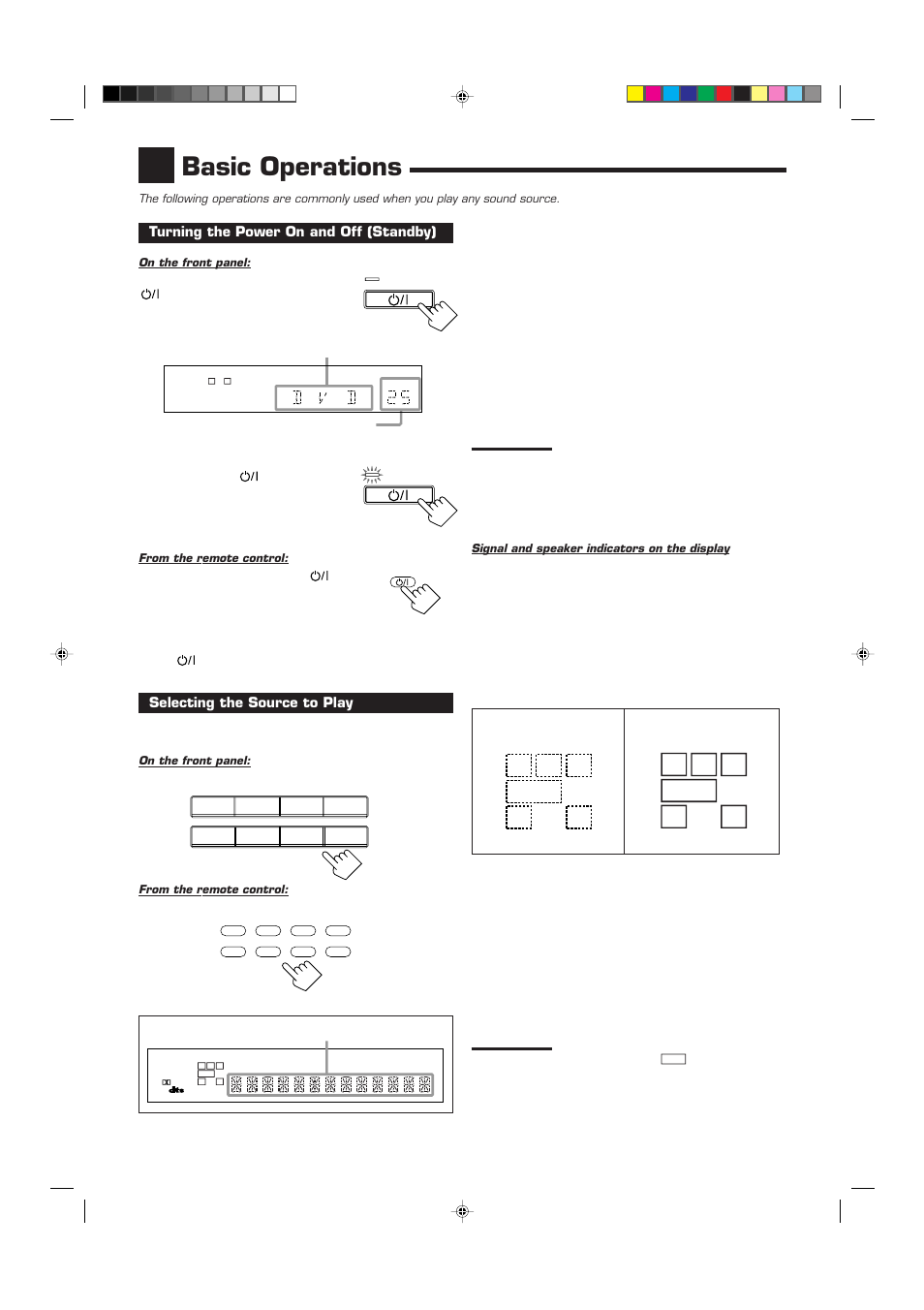 Basic operations, Rc l, Turning the power on and off (standby) | Selecting the source to play, S.wfr ls rs s lfe | JVC RX-7012RSL User Manual | Page 13 / 44