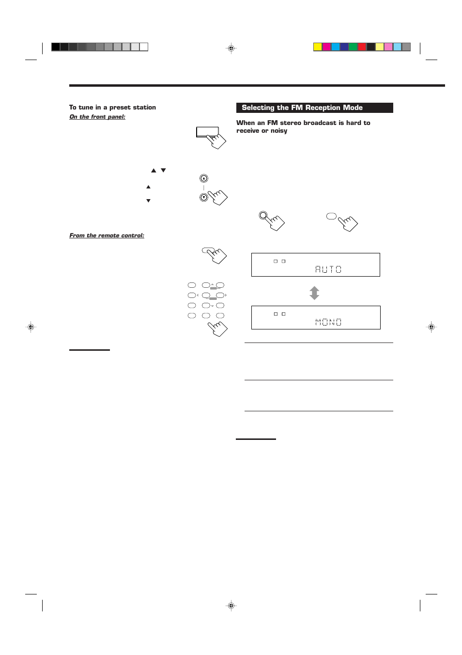 Press fm/am to select the band (fm or am — mw/lw), Press fm/am, Selecting the fm reception mode | JVC RX-7012RSL User Manual | Page 22 / 44