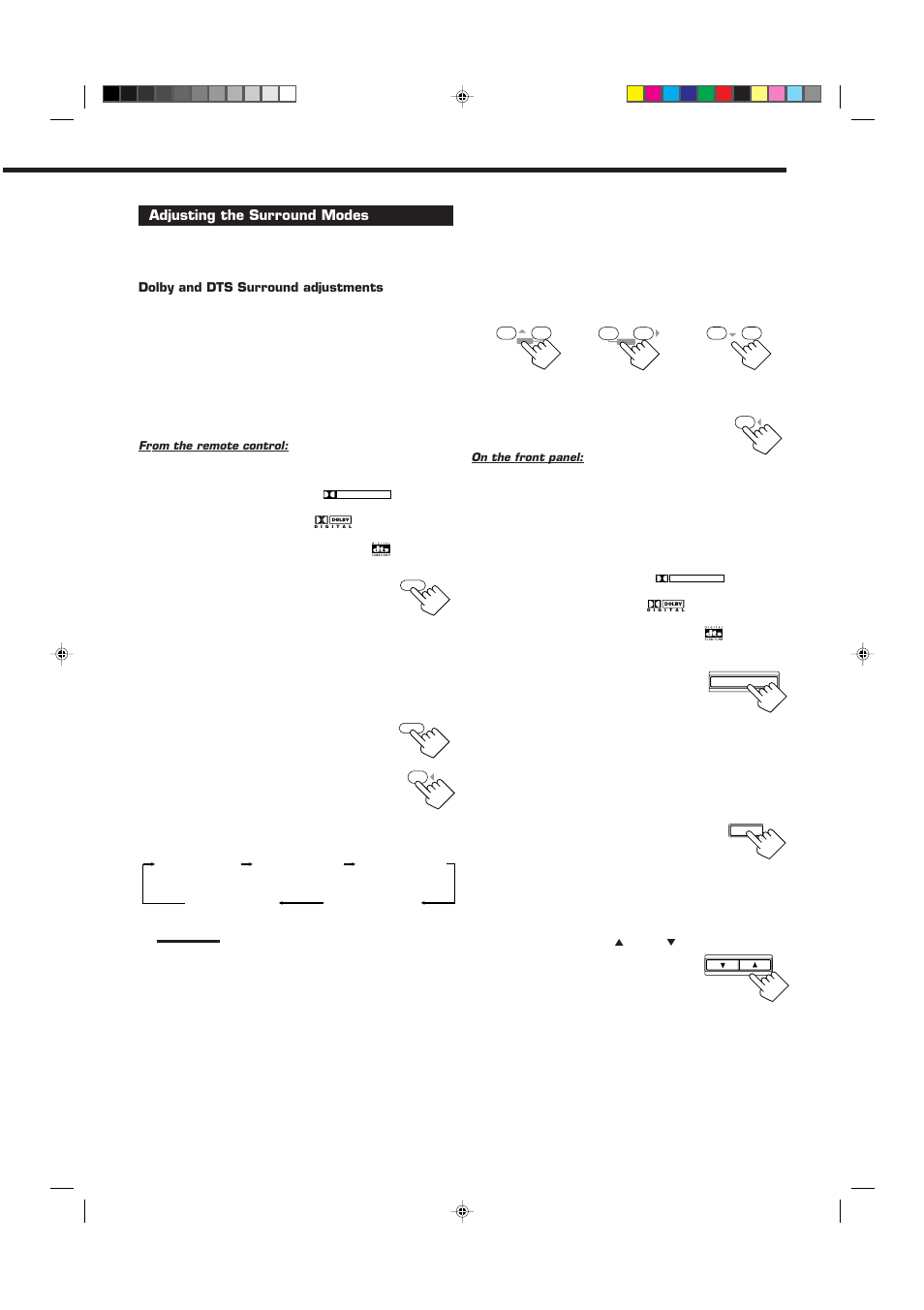 Adjusting the surround modes, Select and play a sound source, Press sound | Press test to check the speaker output balance, Adjust the speaker output levels, Press test again to stop the test tone | JVC RX-7012RSL User Manual | Page 29 / 44