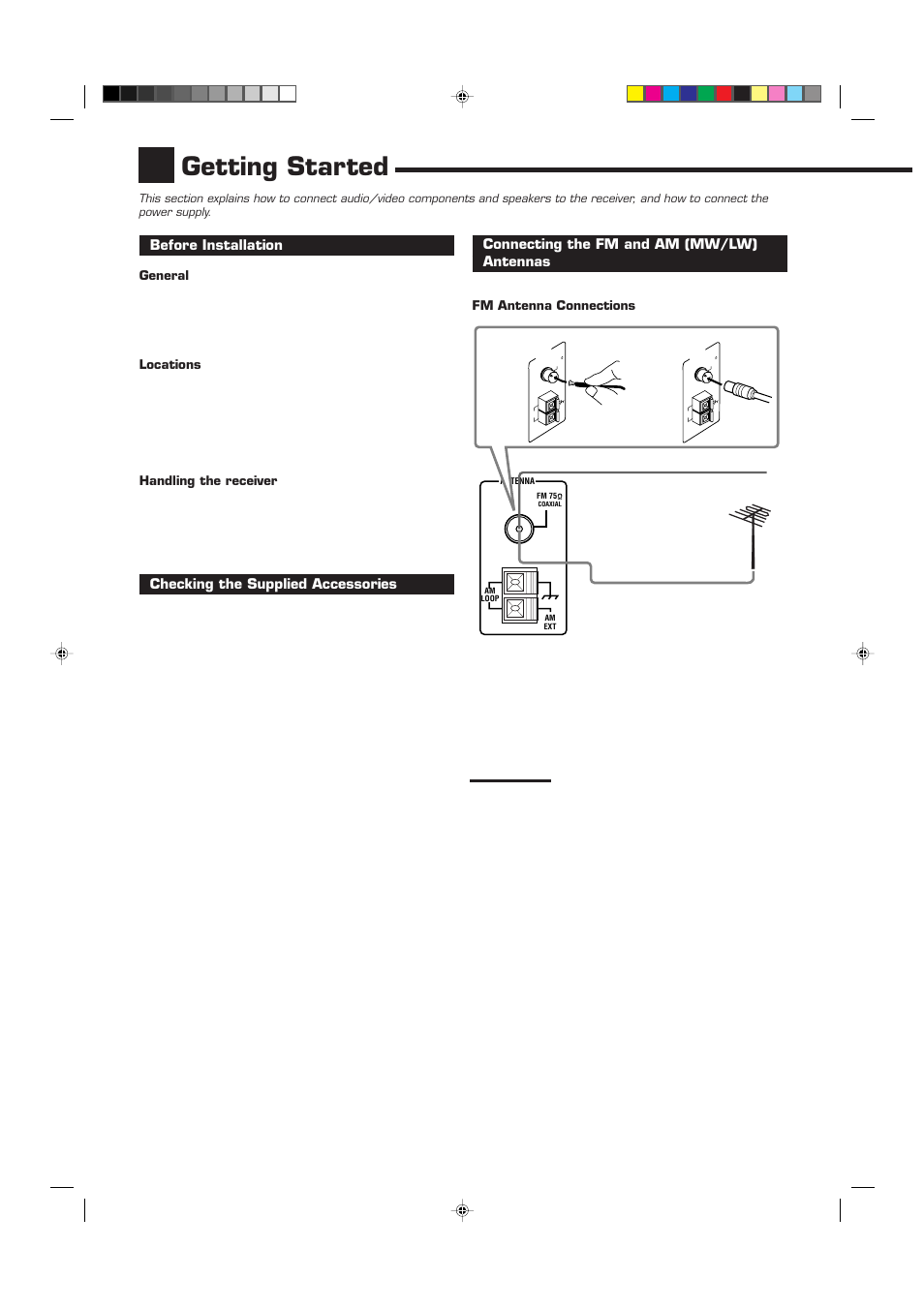 Getting started, Before installation, Checking the supplied accessories | Connecting the fm and am (mw/lw) antennas | JVC RX-7012RSL User Manual | Page 6 / 44