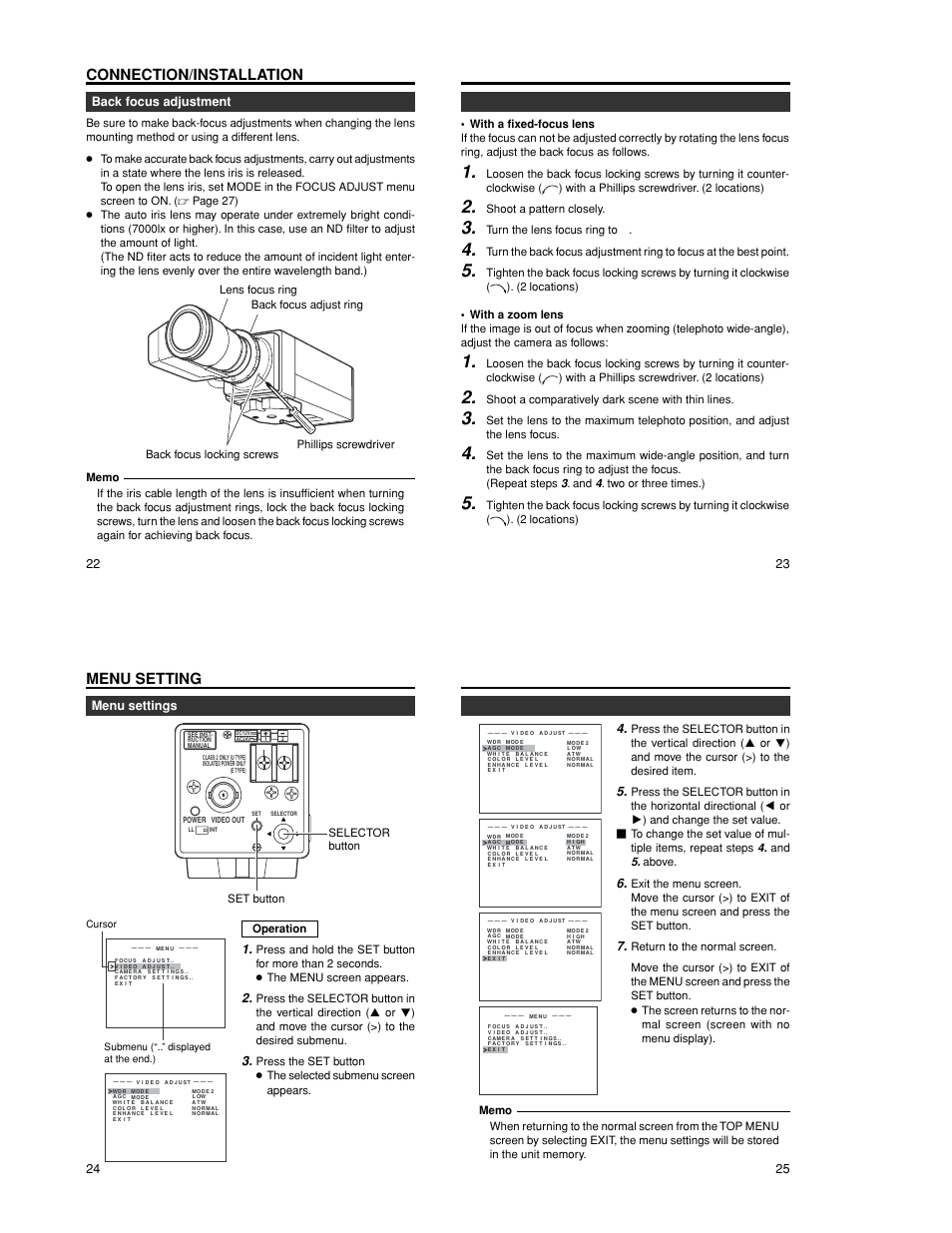 Connection/installation, Menu setting, Back focus adjustment | Menu settings, Shoot a pattern closely, Turn the lens focus ring to, Shoot a comparatively dark scene with thin lines, Selector button set button, Operation | JVC TK-WD310 User Manual | Page 8 / 12