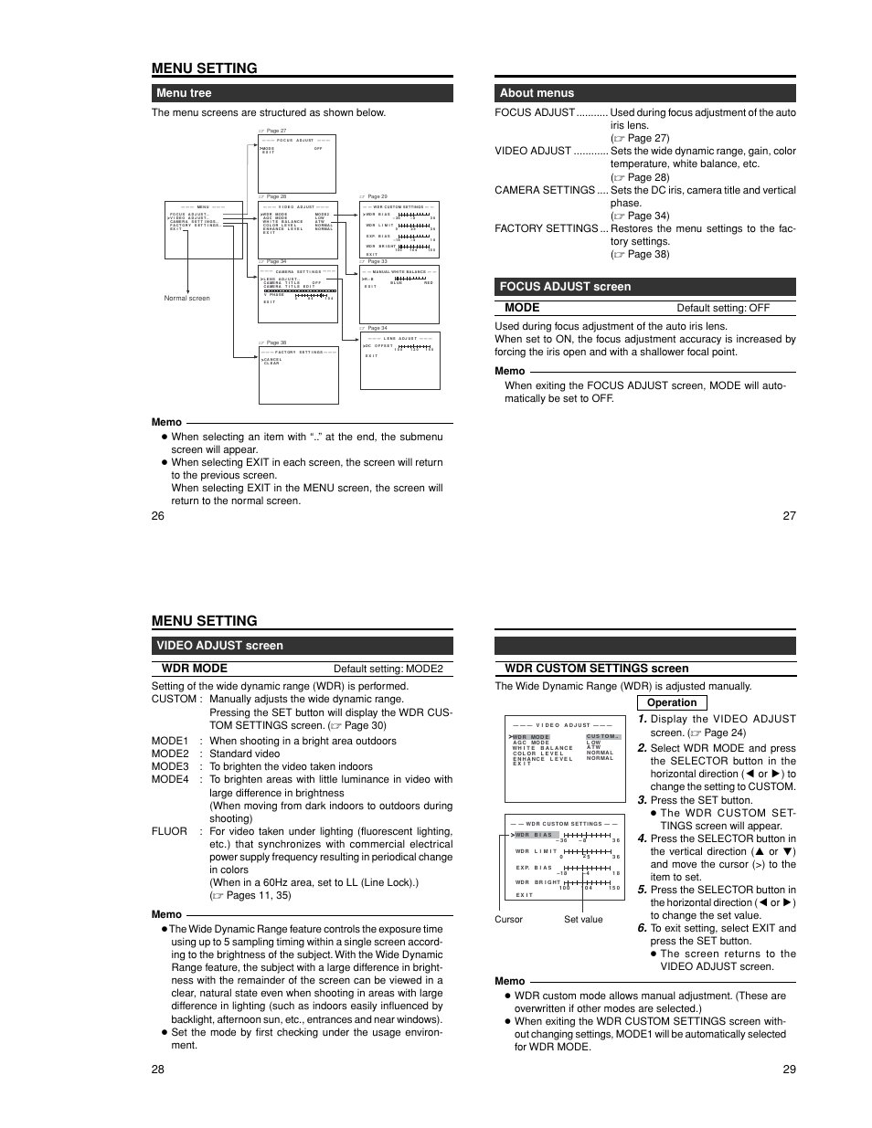 Menu setting, Menu tree, 27 about menus | Focus adjust screen mode, Video adjust screen wdr mode, Wdr custom settings screen, The menu screens are structured as shown below, Display the video adjust screen. ( ੬ page 24), The wide dynamic range (wdr) is adjusted manually, Cursor set value | JVC TK-WD310 User Manual | Page 9 / 12