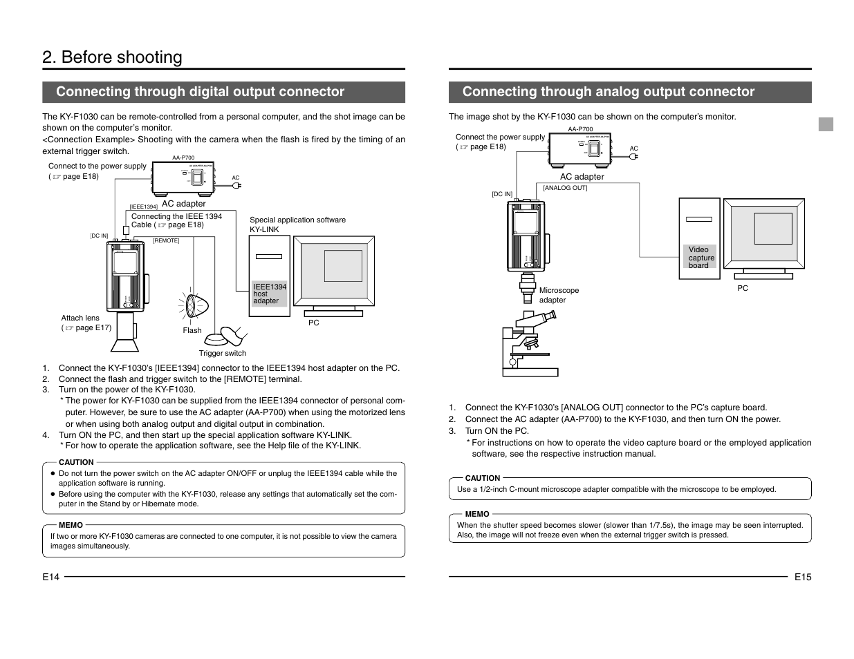 Before shooting, Connecting through digital output connector, Connecting through analog output connector | On off power, Focus lock | JVC KY-F1030 User Manual | Page 10 / 26