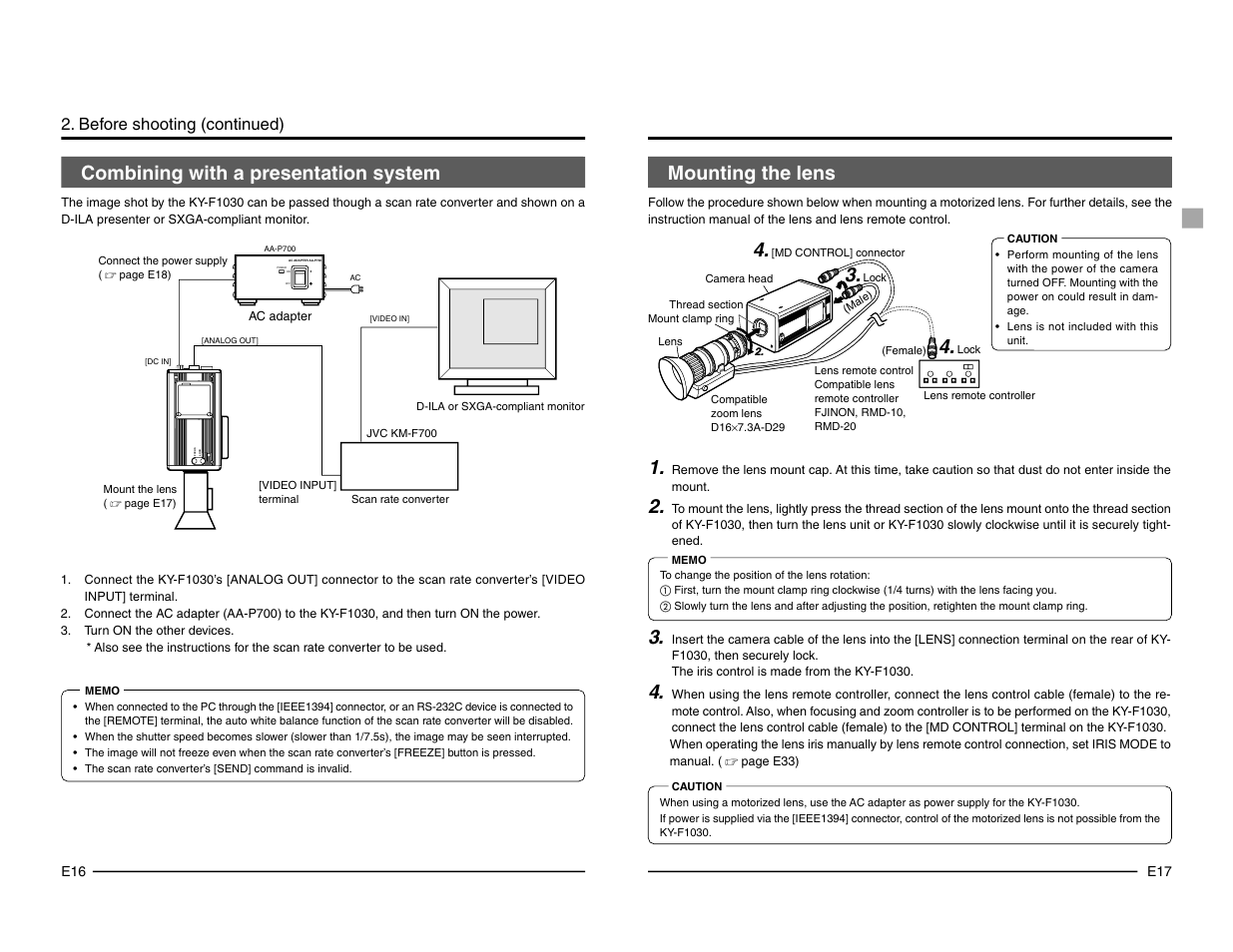 Combining with a presentation system, Mounting the lens, On off power | Focus lock, Before shooting (continued) | JVC KY-F1030 User Manual | Page 11 / 26