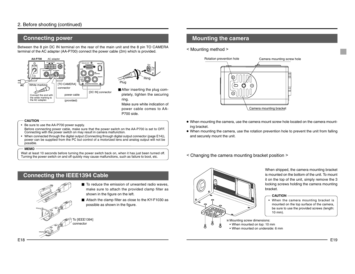 Connecting power, Connecting the ieee1394 cable, Mounting the camera | Before shooting (continued) | JVC KY-F1030 User Manual | Page 12 / 26