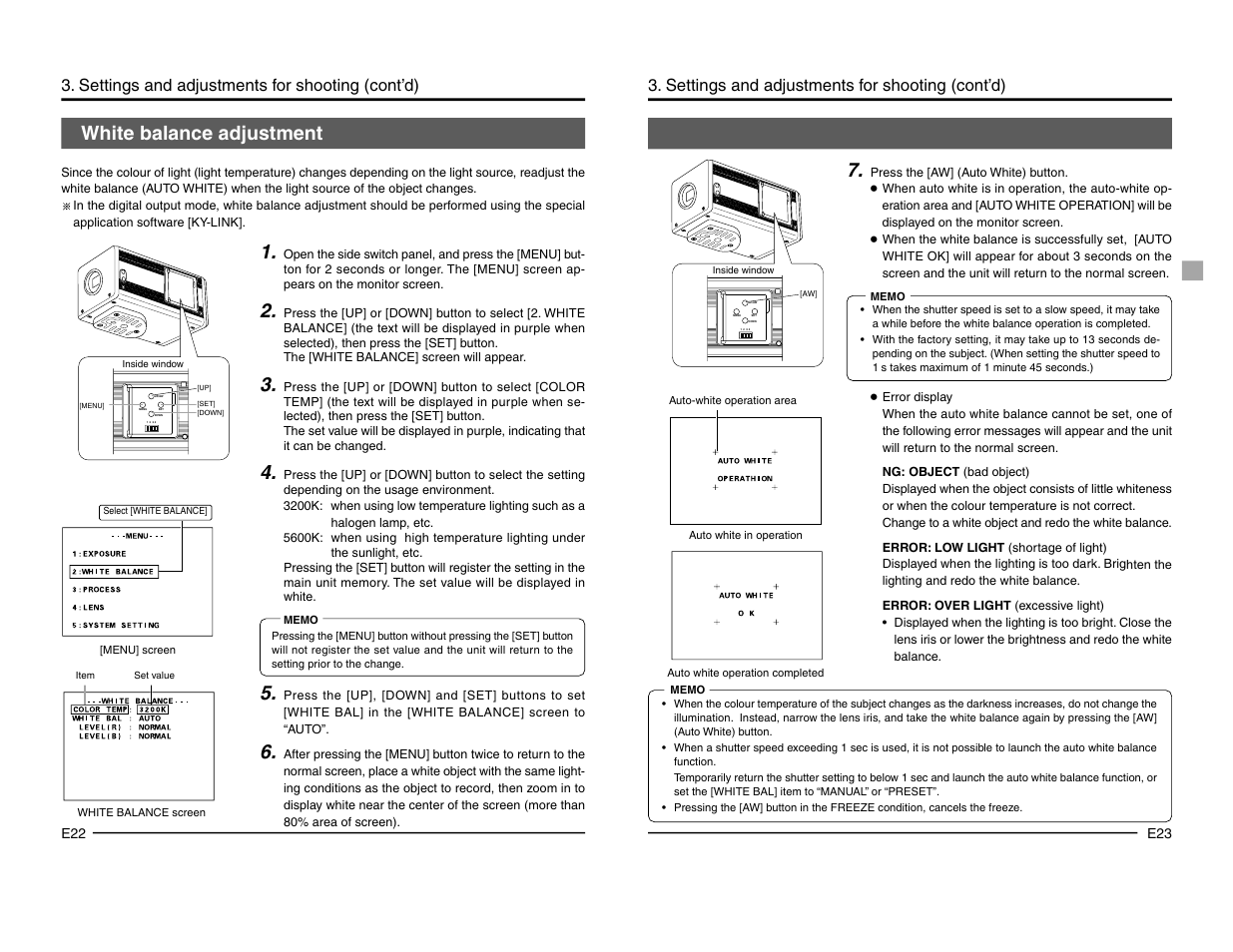 White balance adjustment, Settings and adjustments for shooting (cont’d) | JVC KY-F1030 User Manual | Page 14 / 26