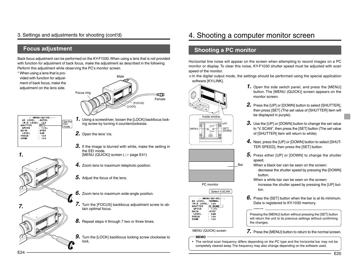 Focus adjustment, Shooting a computer monitor screen, Shooting a pc monitor | JVC KY-F1030 User Manual | Page 15 / 26