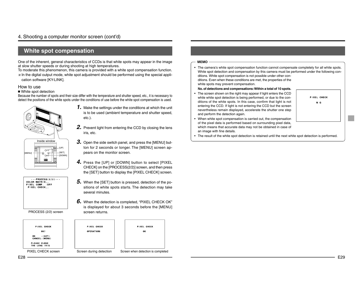 White spot compensation, Shooting a computer monitor screen (cont’d) | JVC KY-F1030 User Manual | Page 17 / 26