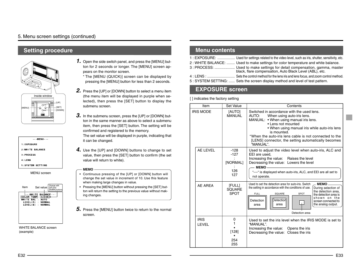 Setting procedure, Menu contents, Exposure screen | Setting procedure 1, Menu screen settings (continued) | JVC KY-F1030 User Manual | Page 19 / 26