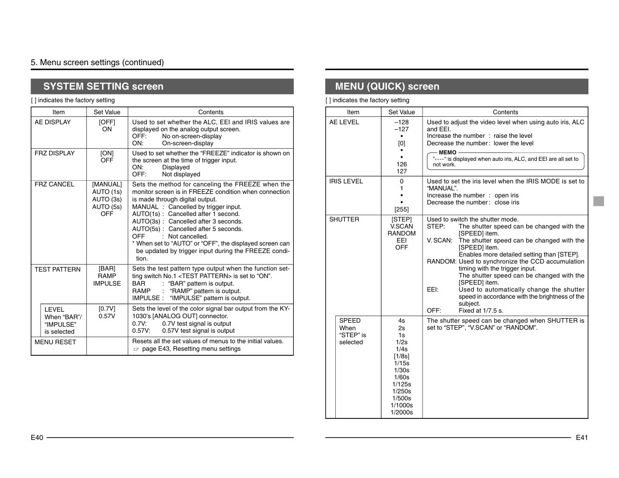 System setting screen, Menu (quick) screen, Menu screen settings (continued) | JVC KY-F1030 User Manual | Page 23 / 26