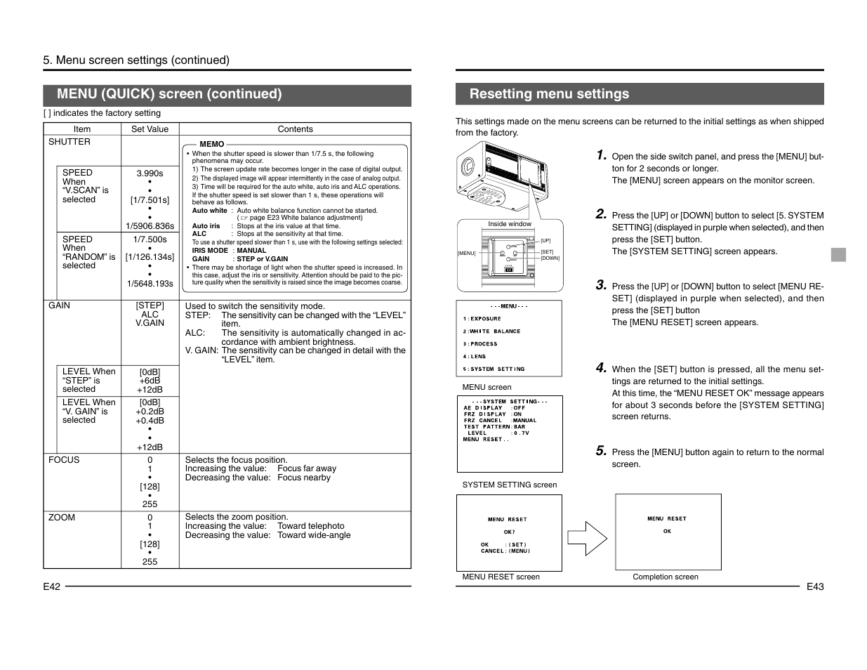 Resetting menu settings, Menu (quick) screen (continued), Menu screen settings (continued) | JVC KY-F1030 User Manual | Page 24 / 26