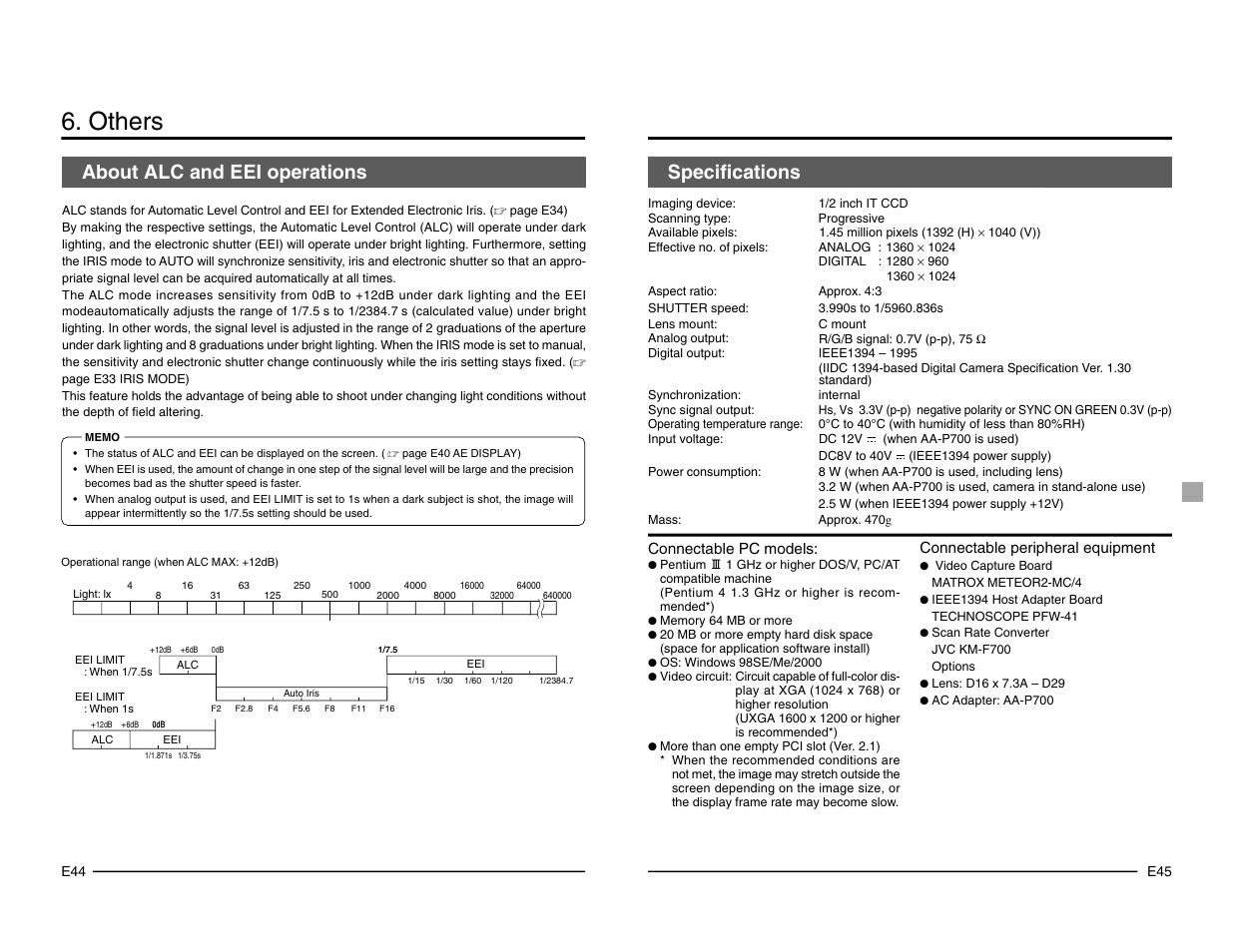 Others, About alc and eei operations, Specifications | JVC KY-F1030 User Manual | Page 25 / 26