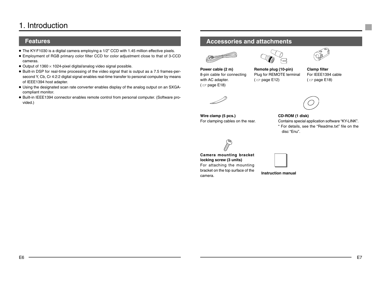 Introduction, Features, Accessories and attachments | JVC KY-F1030 User Manual | Page 6 / 26