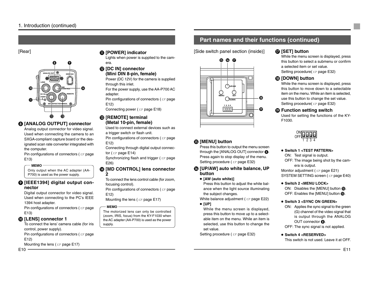 Part names and their functions (continued), Introduction (continued) | JVC KY-F1030 User Manual | Page 8 / 26