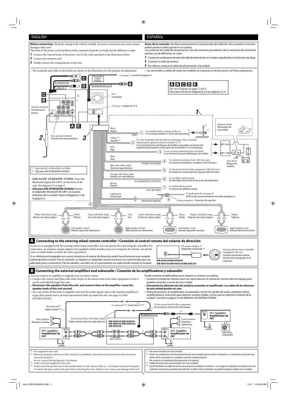 Connecting to the steering wheel remote controller, Connecting the external amplifiers and subwoofer, English | Español | JVC KW-AVX838 User Manual | Page 3 / 4