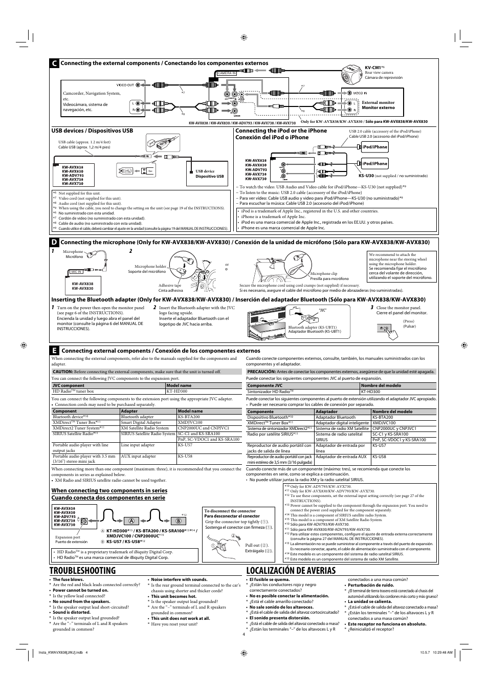 Connecting the external components, Usb devices, Connecting the ipod or the iphone | Connecting external components, Troubleshooting, Localización de averias, De c, Usb devices / dispositivos usb | JVC KW-AVX838 User Manual | Page 4 / 4
